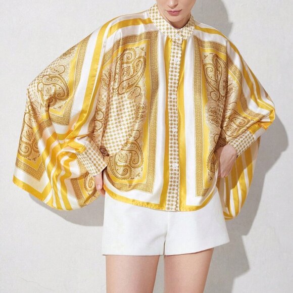 Yellow Women's Casual Color Block Print Design Long Sleeve Loose Fit Blouse - Picture 4 of 6